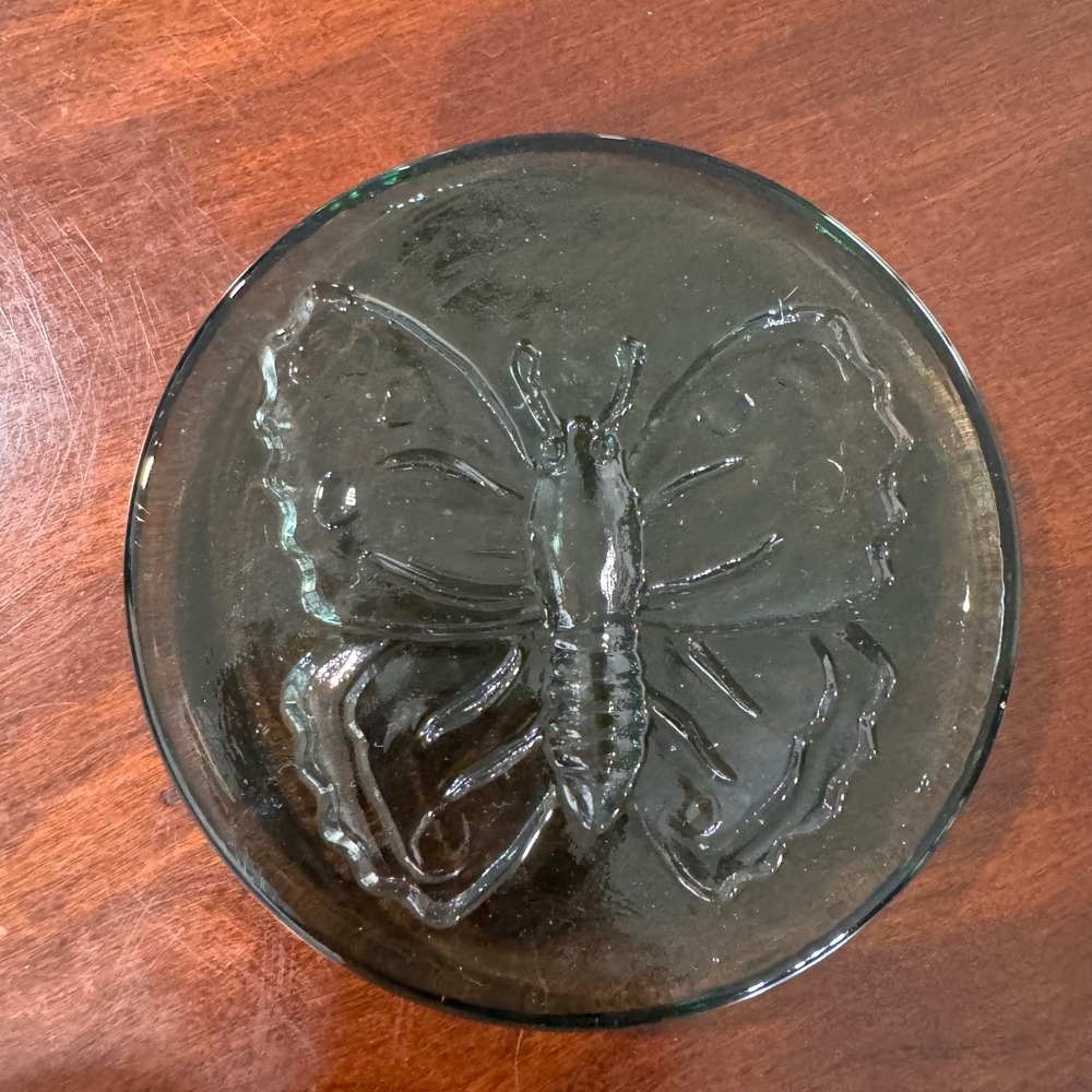 Vtg Blenko Style Green Glass Butterfly Paperweight Round Coaster Suncatcher